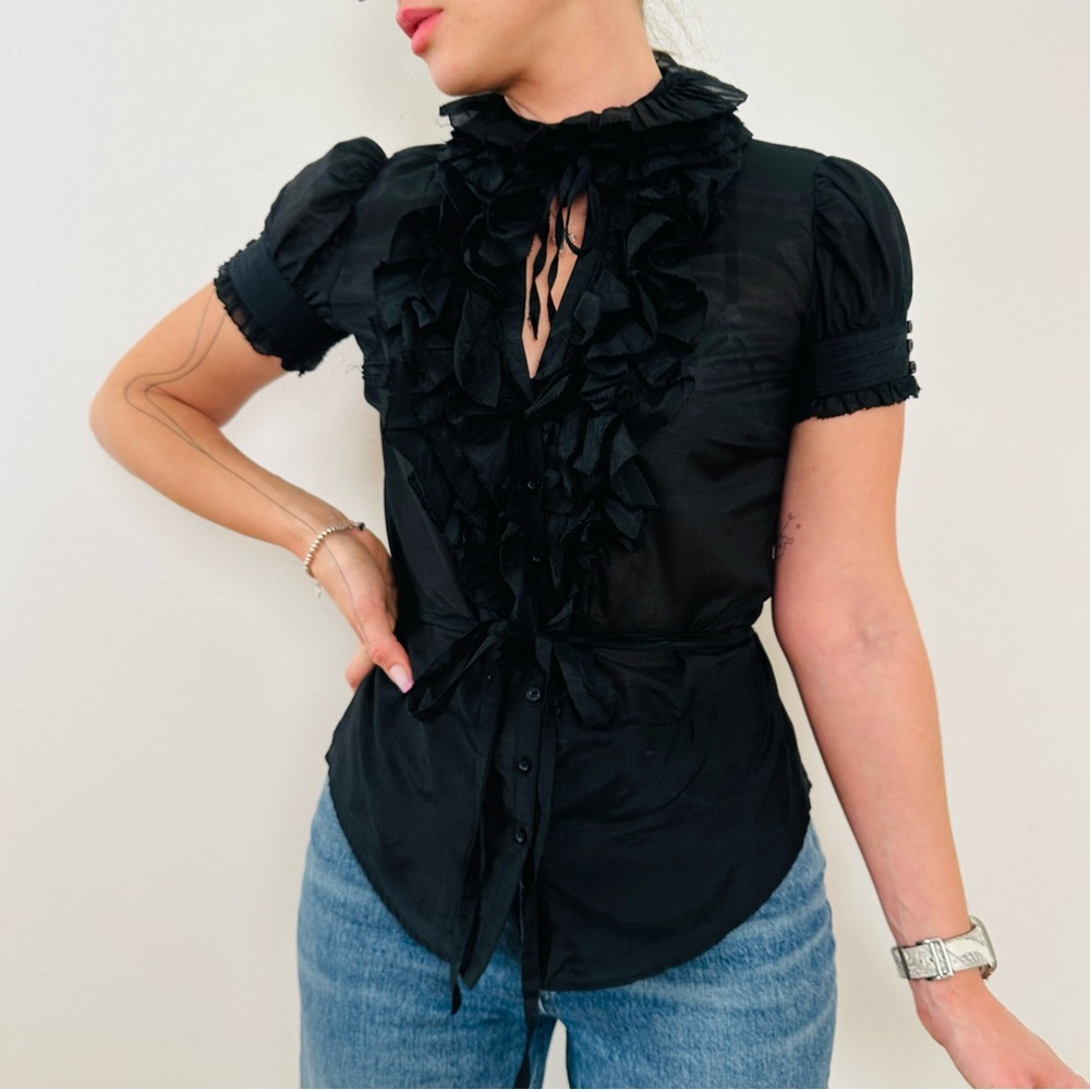 Zara sheer black ruffle waisted blouse top silk blend